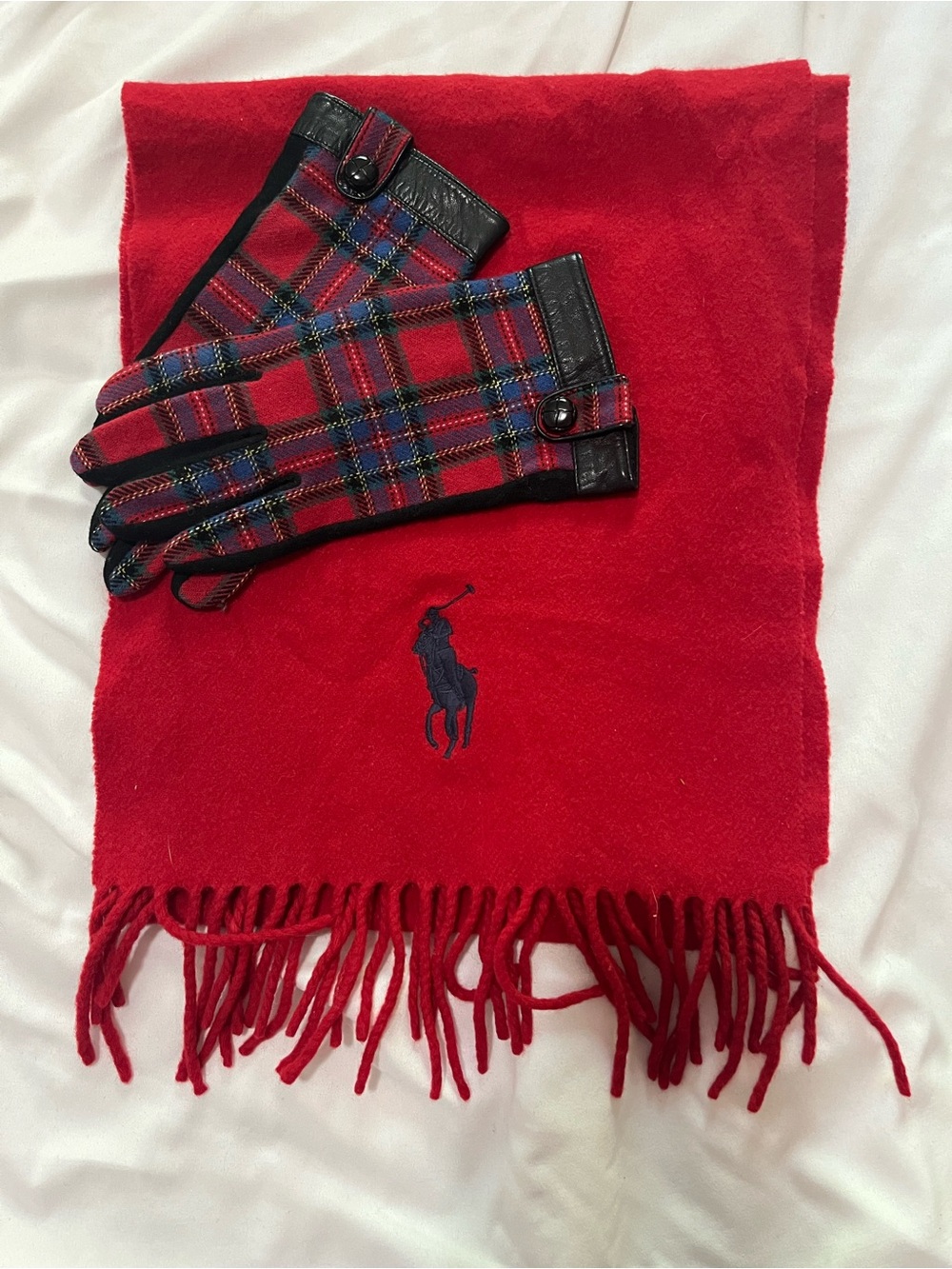 Polo by Ralph Lauren Red Scarf with Plaid Leather-Trim Gloves